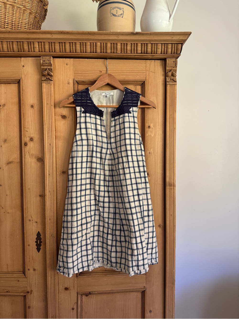 Madewell Navy & White Checked Sleeveless Dress with Embroidered Collar
